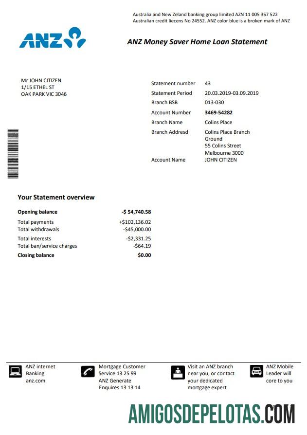 Modelo de extrato bancário de comprovante de endereço ANZ da Austrália para impressão1